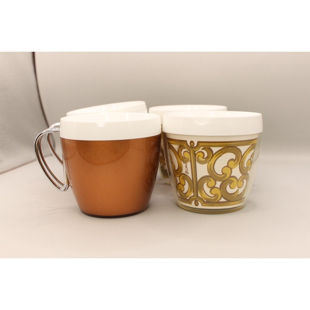 Pair Of 4 Vintage Plastic Coffee Mugs Cup Copper Silver Handle Insulated NFC MCM